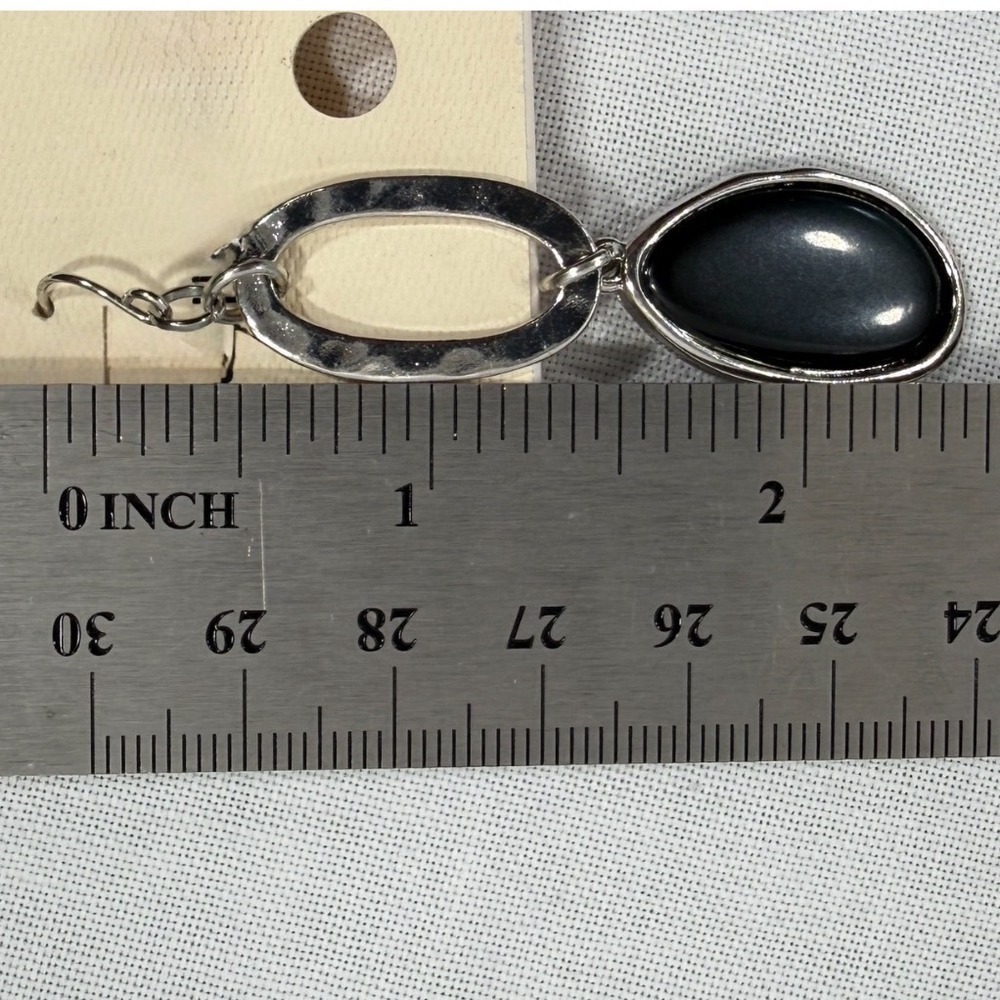 Black Teardrop Dangle Earrings Silver Tone Hammered Oval Boho Jewelry - Picture 2 of 5